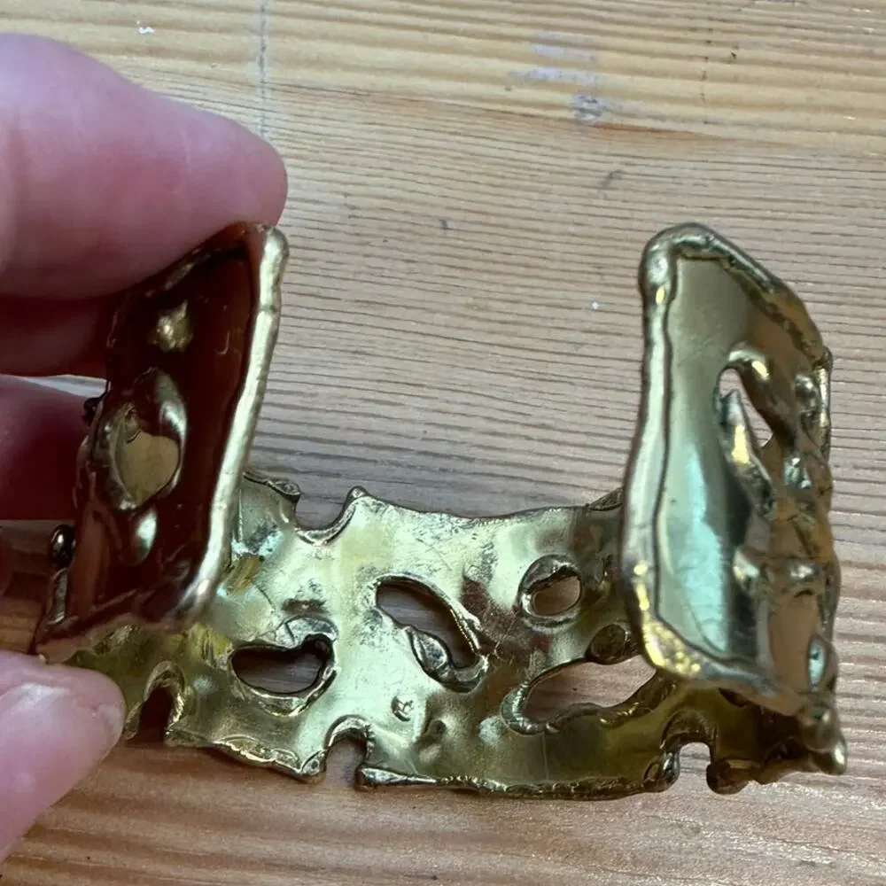 Vintage Spain Brass Cuff Bracelet Wide Abstract Boho Statement,